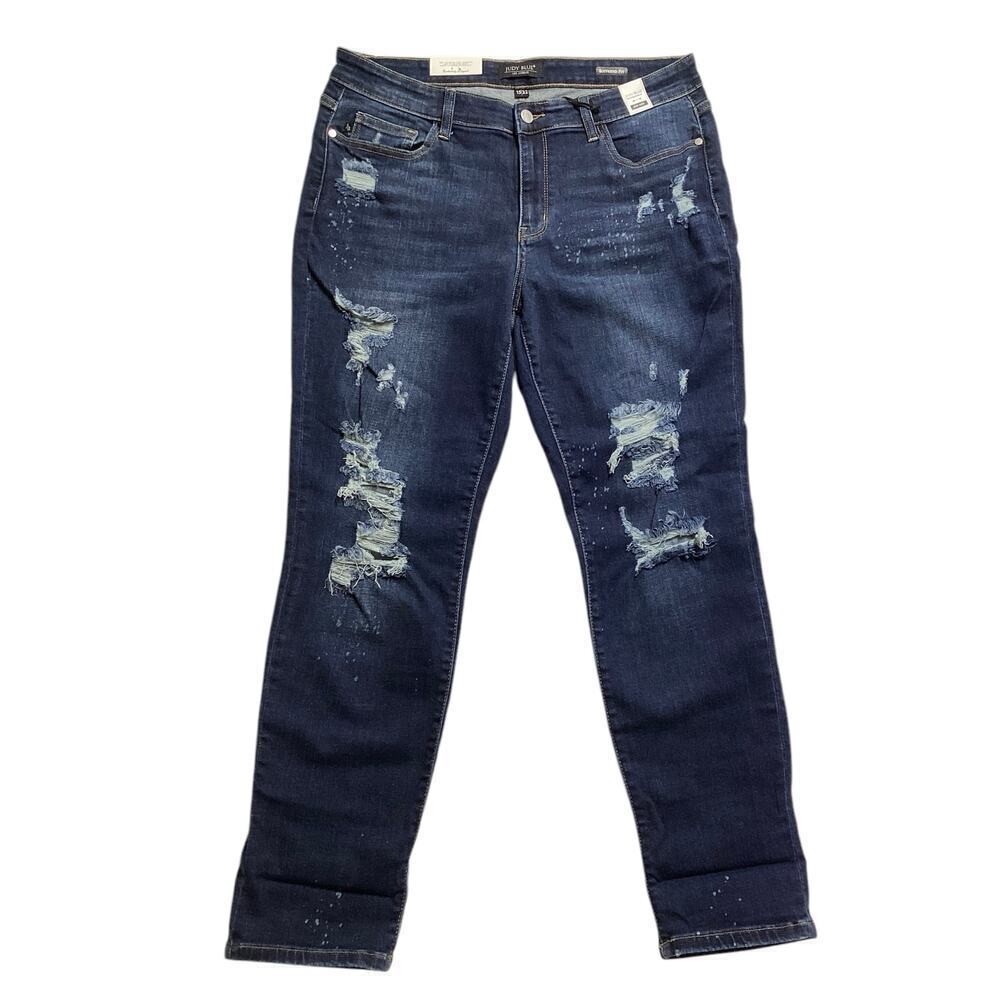 Judy Blue distress Mid Rise Cuffed Boyfriend Jeans 15/32 blue
